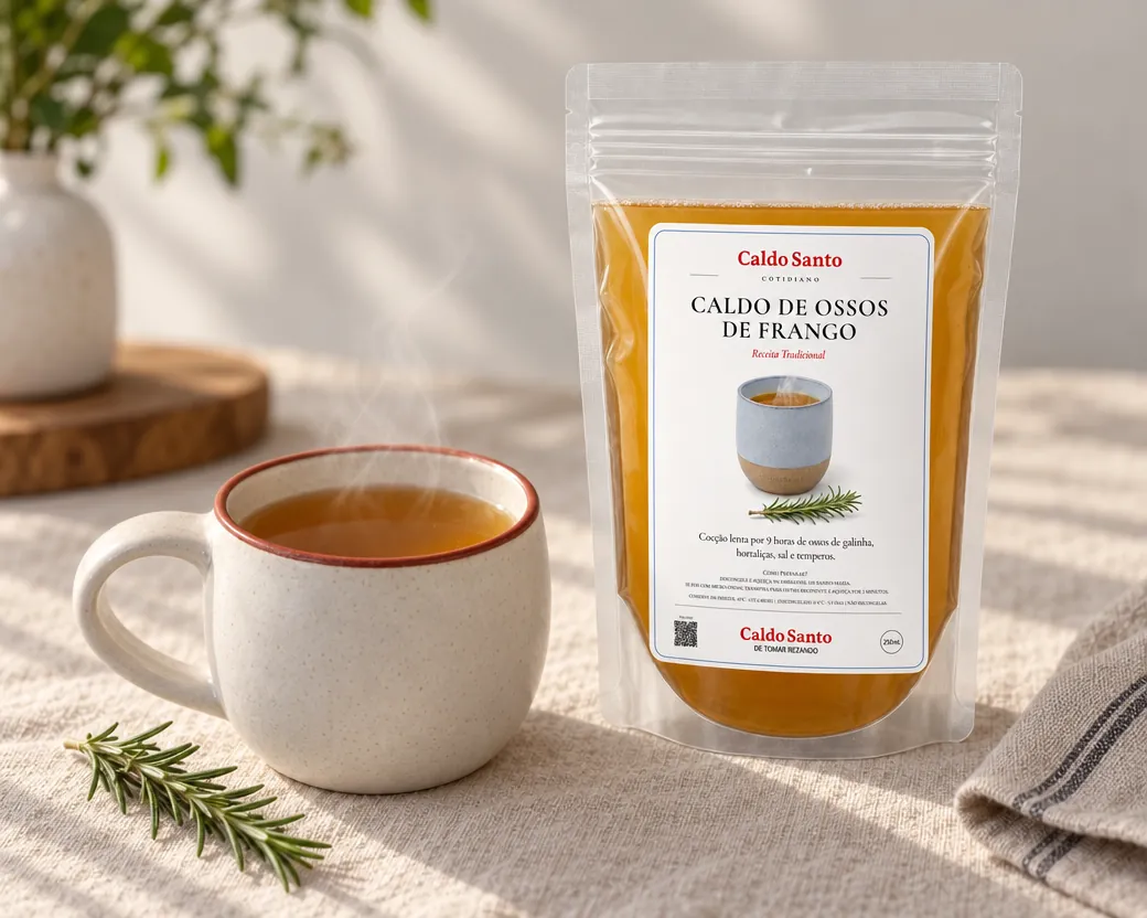 Caneca de caldo quente ao lado do pouch Caldo Santo Cotidiano