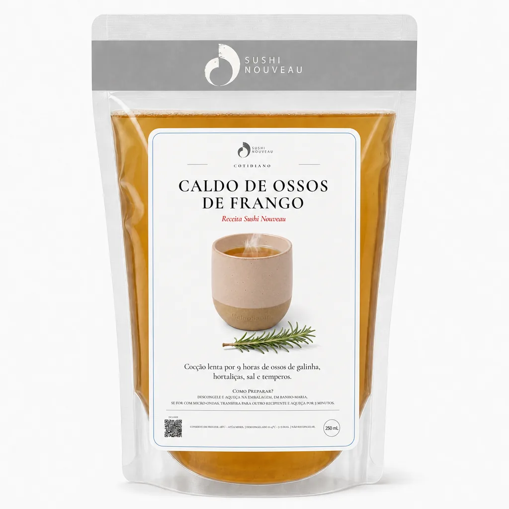 Pouch de 250 mL de Caldo de Ossos de Frango com rótulo da casa